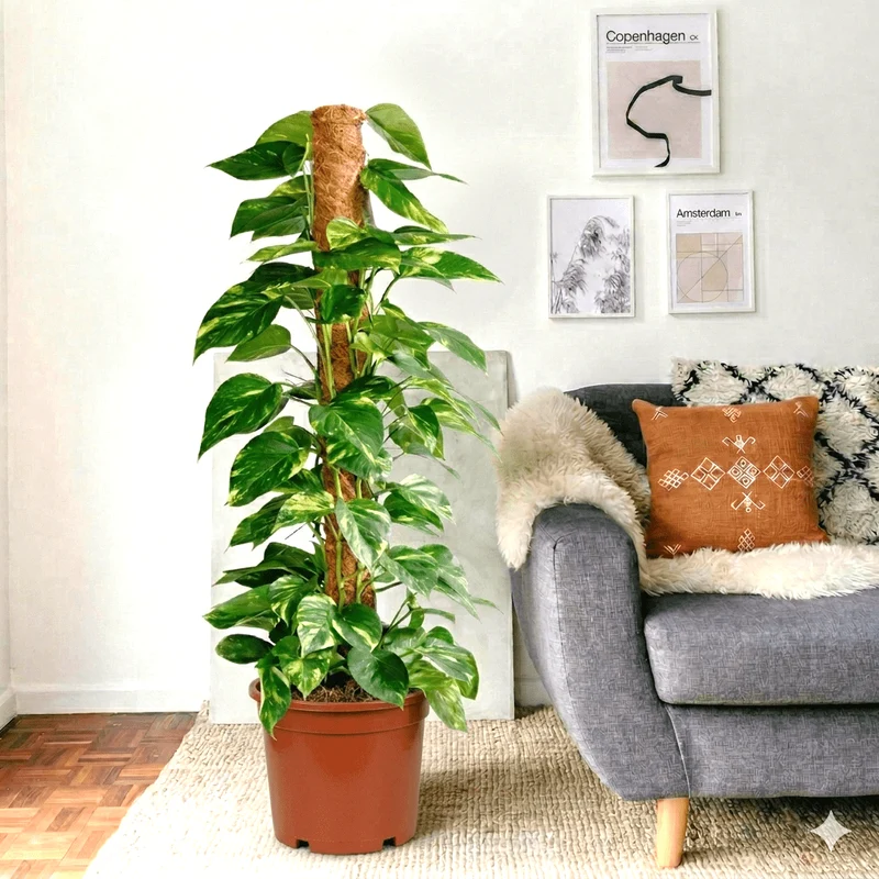 Money Plant climbing a moss pole in a terracotta pot