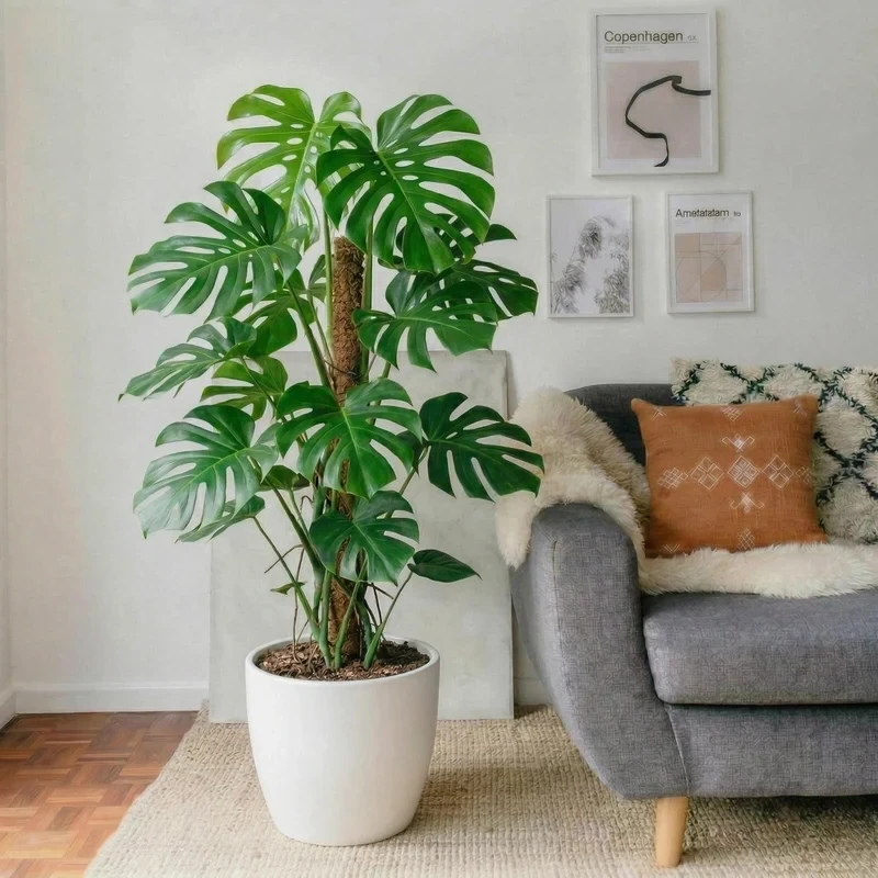 Monstera Deliciosa Holland on a moss pole in a white pot beside a grey sofa