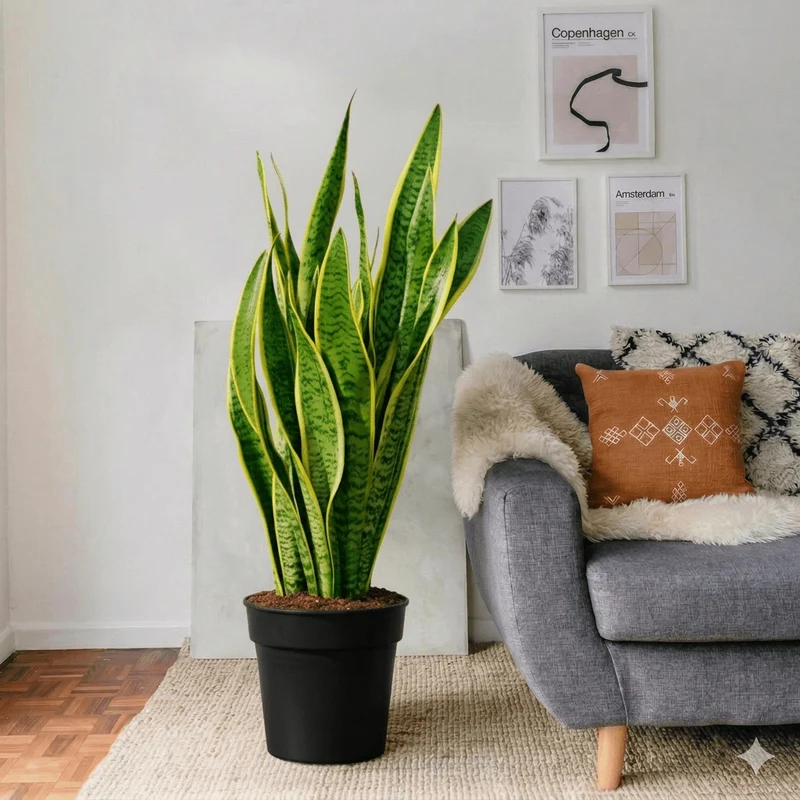 Snake Plant with upright yellow-edged leaves in a black pot